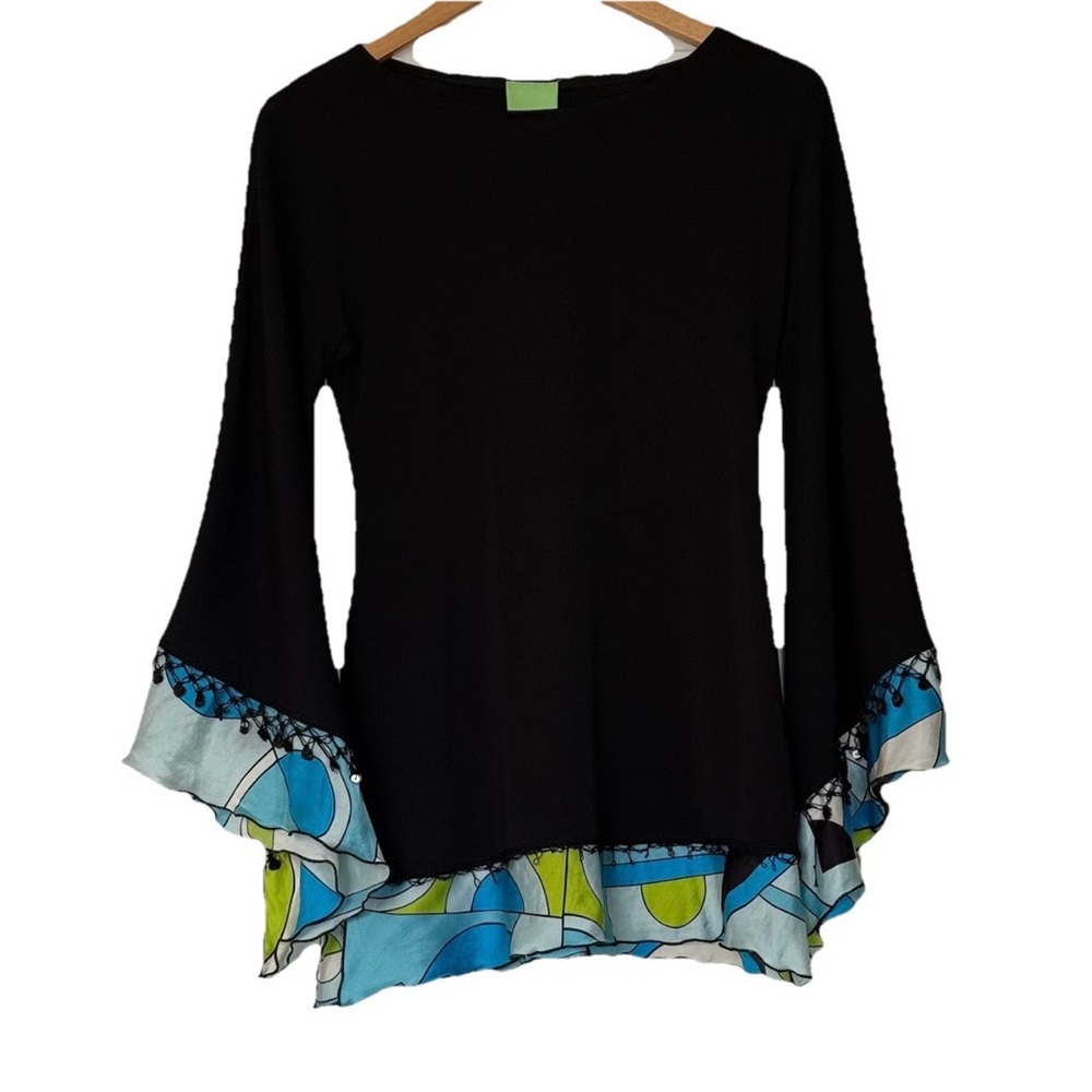 Citrine, Black Bell Sleeve Top 100% Silk Geometric Trim Beaded Fringe, Sz 4
